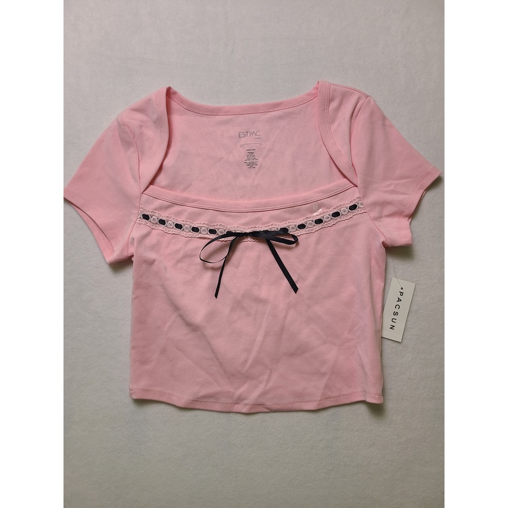 NWT! PacSun M T-Shirt Coquette Balletcore Pink Lace Trim Ribbon Bow Crop Top Y2K